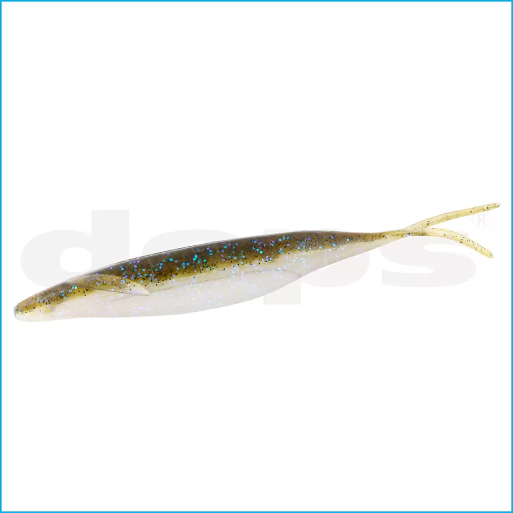 Amostra Deps Sakamata Shad 8" Isca artificial de pesca castanho claro com manchas azuis e cauda bifurcada.