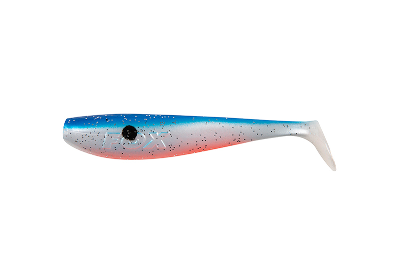 Isca artificial para pesca com cores azul, branco e vermelho e manchas pretas