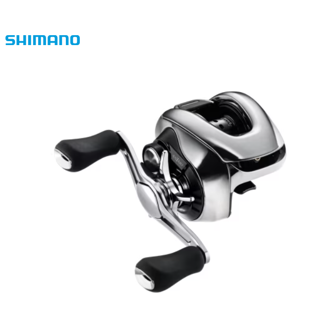 Carreto Casting Shimano Antares B 101 MG Carreto de pesca metálico prateado e preto Shimano com manípulos pretos