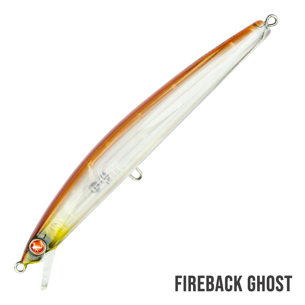 Geko Mommotti 115 SF Jerkbait Isca de pesca jerkbait transparente com topo castanho e inscrição FIREBACK GHOST