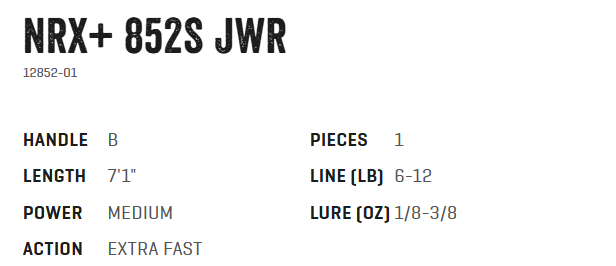 Cana Spinning G Loomis NRX+ 852S JWR Especificações do produto NRX+ 852S JWR em texto pretos sobre fundo branco