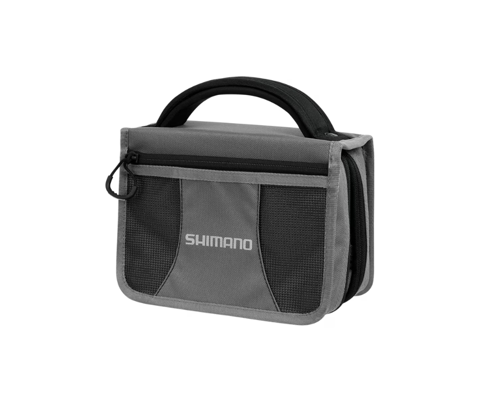 Shimano Predator Tackle Wallet Bolsa de transporte cinzenta escuro e preto com fecho e alça superior, logo SHIMANO