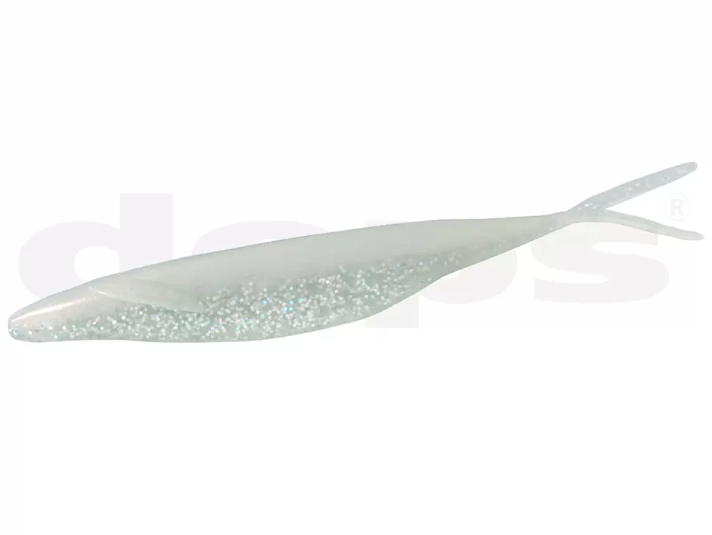 Amostra Deps Sakamata Shad 8" Isca artificial translúcida branca com brilho e cauda bifurcada