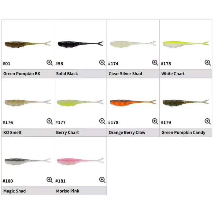 Evergreen Bull Point Shad 4.5 Dez iscos de silicone com diferentes cores e códigos numéricos para pesca.