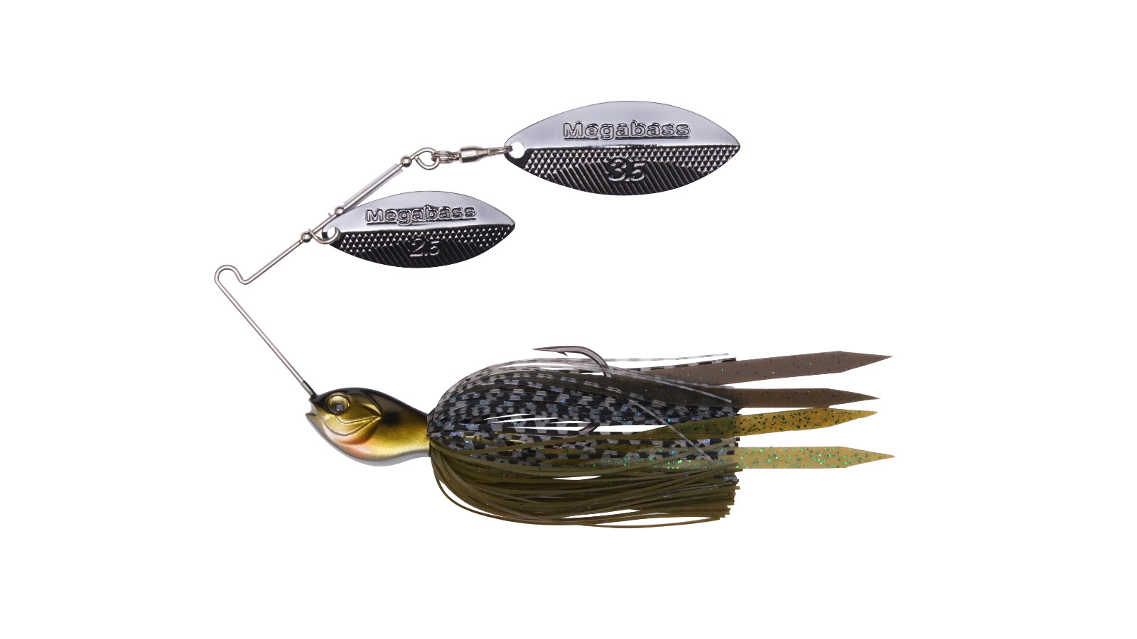 Amostra Megabass Spinnerbait SV-3 Isca de pesca spinnerbait com cabeça dourada, franjas verde-oliva e lâminas metálicas prateadas