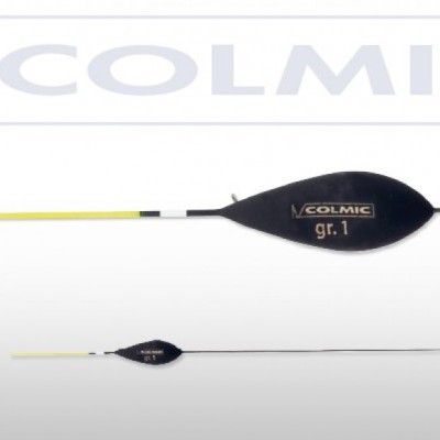 Flutuador de pesca Colmic preto e amarelo com texto