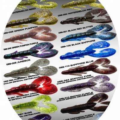 Isacas de pesca de silicone coloridas e rotuladas exibidas sobre fundo cinza