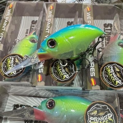 Iscos de pesca coloridos em embalagens transparentes com ganchos pretos e texto WE PAINT YOUR LURES.