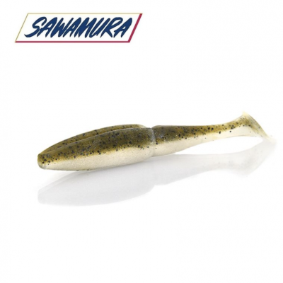 Isca artificial soft lure verde e bege com pontilhado preto e logótipo Sawmura