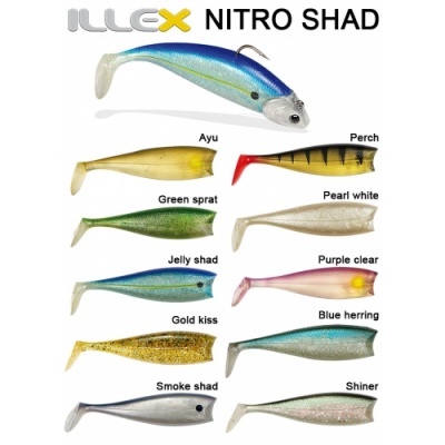 Iscos artificiais 'NITRO SHAD' da marca ILLEX em várias cores e padrões