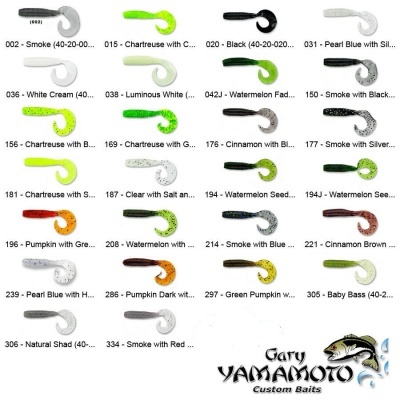 Várias iscas artificiais para pesca em várias cores e padrões com códigos e nomes, com logotipo Gary YAMAMOTO Custom Baits