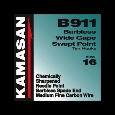 Embalagem azul e preta de anzóis KAMASAN com texto detalhado do produto.
