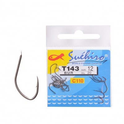 Embalagem azul e amarela de anzóis de pesca Suéhiro T143 tamanho 12 acabamento BUR em metal prateado
