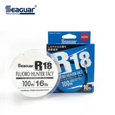 Linha de pesca Seaguar R18 Fluoro Hunter Tact 100m 16lb com embalagem azul e branca