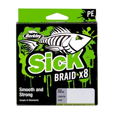 Embalagem de linha de pesca Berkley Sick Braid x8 preta e verde com imagem de peixe esquelético