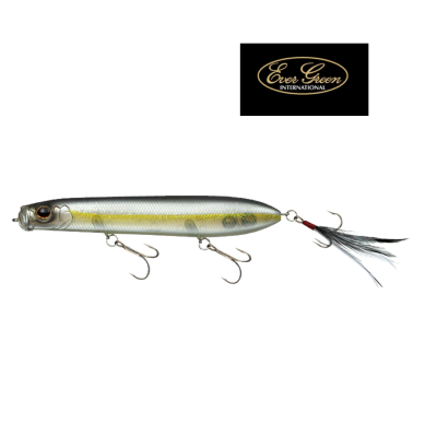 Isca de pesca artificial cinza e branca com anzóis e penas