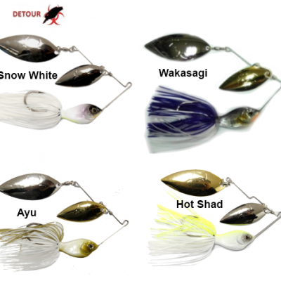 Quatro spinnerbaits coloridos para pesca com nomes e logótipo DETOUR