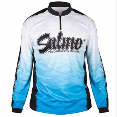 Camisola de manga comprida azul e branca com texto Salmo