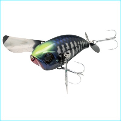 Isca artificial de pesca azul e verde com anzóis e hélices