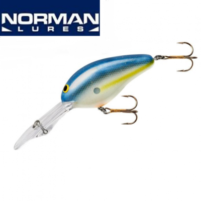 Isca de pesca NORMAN LURES azul, amarelo e branco com anzóis metálicos