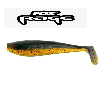 Isca artificial para pesca FOX Rage verde e amarela com manchas pretas e cauda em forma de pá