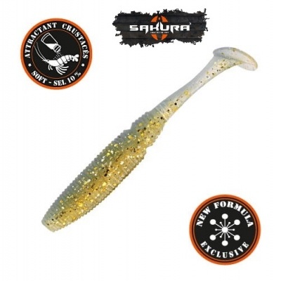 Isco artificial translúcido com glitter dourado em forma de peixe