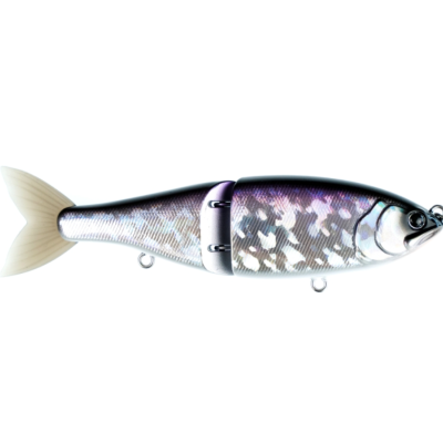 Isca de pesca articulada prateada e roxa com cauda branca