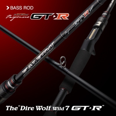 Cana de pesca preta com detalhes vermelhos e texto branco em fundo vermelho e preto