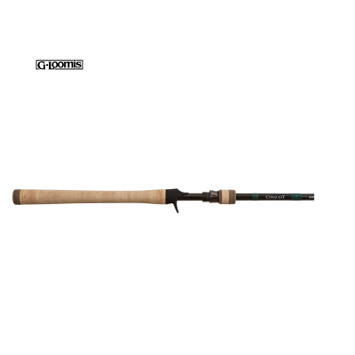 Cana de pesca G Loomis com cabo em cortiça clara e parte preta com texto OneCast