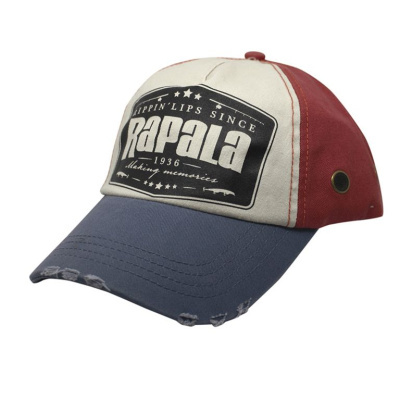 Boné tricolor com pala azul e frente bege com etiqueta preta e texto Rapala