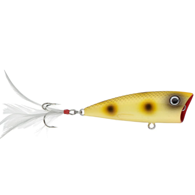Isca artificial de pesca amarela com manchas e anzol triplo com penas brancas
