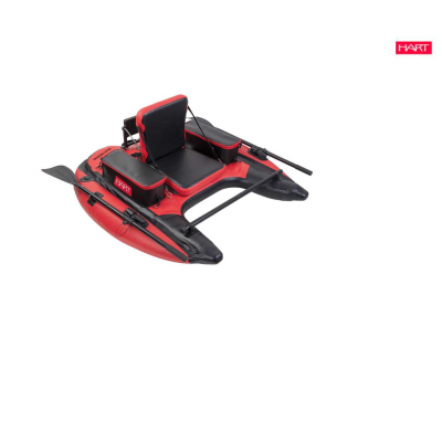 Barco insuflável vermelho e preto com assento e remos