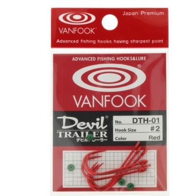 Embalagem vermelha e branca contendo anzóis de pesca vermelhos Vanfook Devil Trailer nº DTH-01 tamanho 2