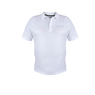 Polo branco de manga curta com texto SHIMANO no peito