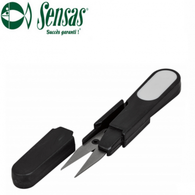 Tesoura pequena preta com tampa removível e logo Sensas