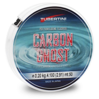 Carretel de linha de pesca Tubertini Carbon Ghost com rótulo azul e texto em vermelho e branco