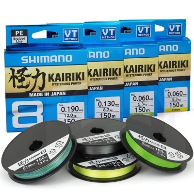 Rolos de linha de pesca Shimano Kairiki com embalagens na cor azul, preta e amarela