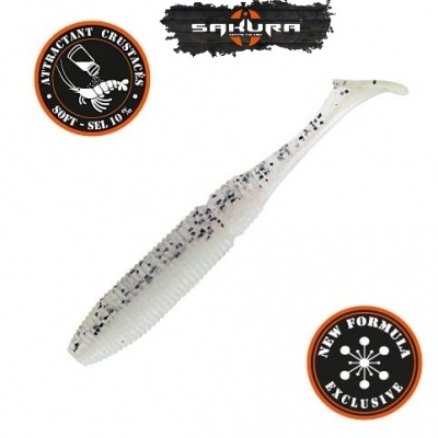 Isca artificial de pesca branca com manchas pretas e texto promocional da marca Sakura