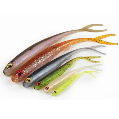 Seis iscos de pesca de silicone coloridos com olhos pintados e brilho