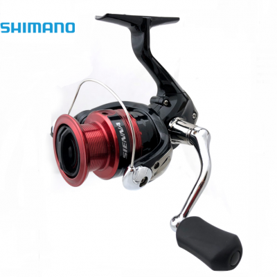 Carrete de pesca Shimano Sienna FI preto e vermelho com manivela cromada e pega preta