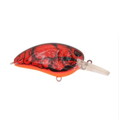 Isca artificial vermelha e preta para pesca com partes transparentes e argolas metálicas