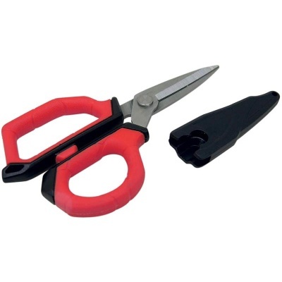 Tesoura com pega vermelha e preta e capa protetora preta