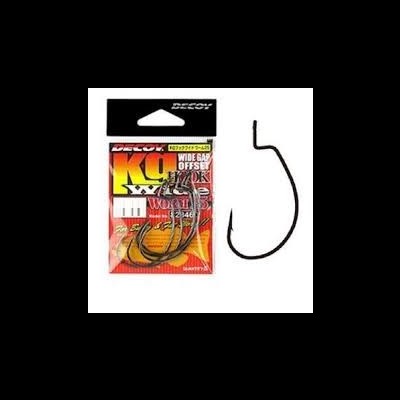 Gancho de pesca metálico preto com embalagem com texto DECOY KO WIDE GAP OFFSET HOOK