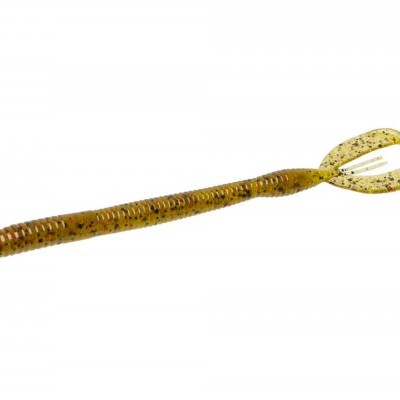 Isco de pesca artificial em borracha castanha com partículas brilhantes e extremidade bifurcada