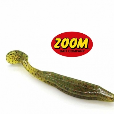 Isca de pesca macia verde e preta com logo Zoom Bait Company