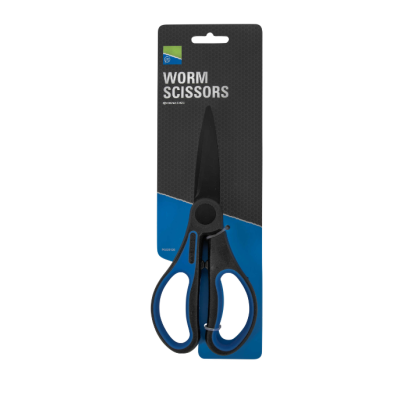 Tesoura preta e azul em embalagem de cartão preta e azul com texto WORM SCISSORS