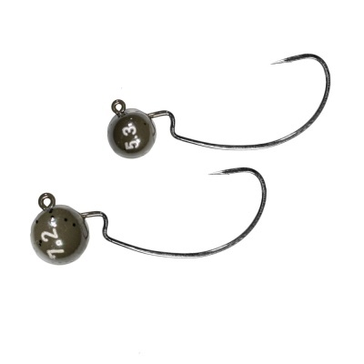 Dois anzóis de pesca com pesos esféricos e números brancos sobre fundo branco