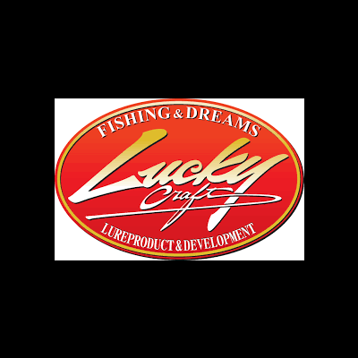 Logótipo oval vermelho com texto branco e dourado Lucky Craft