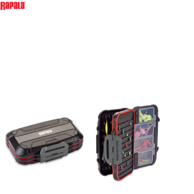 Estojo de pesca Rapala cinzento, preto e vermelho, com fecho, aberto e fechado, mostrando apetrechos coloridos no interior