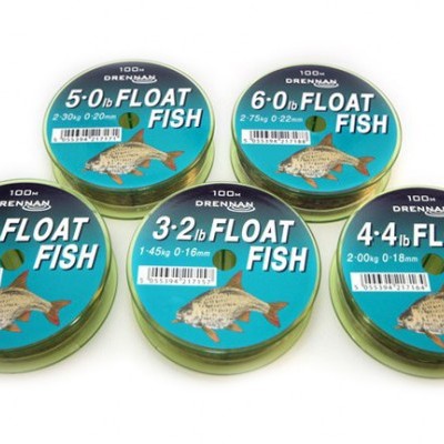 Cinco carretéis de linha de pesca float fish Drennan com rótulos azuis e pretos, mostrando capacidades e imagem de peixe
